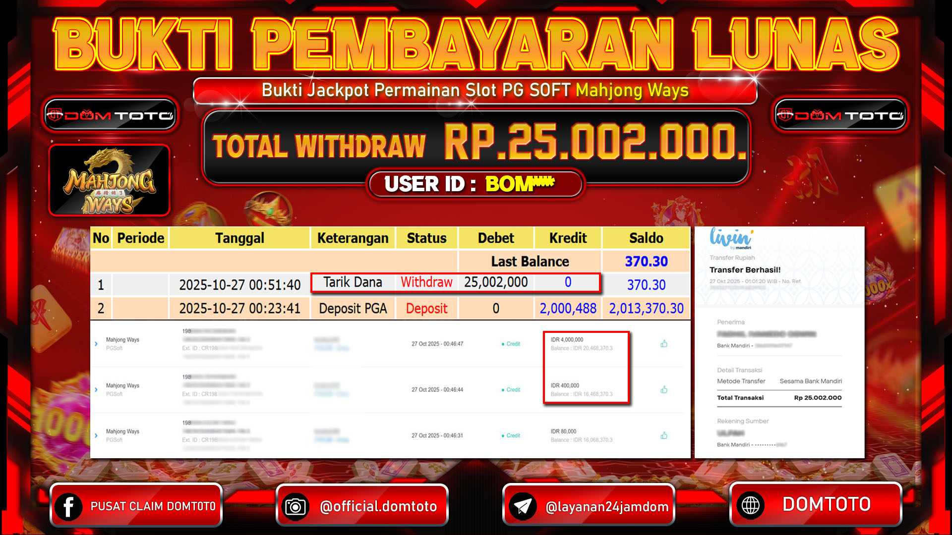 JACKPOT SLOT Mahjong Ways PGSoft 27 OKTOBER 2025
